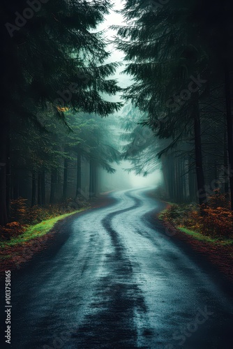 A winding road through a misty forest creates a moody, atmospheric scene perfect for travel blogs, nature magazines, or backgrounds for creative projects, It evokes a sense of adventure and mystery,