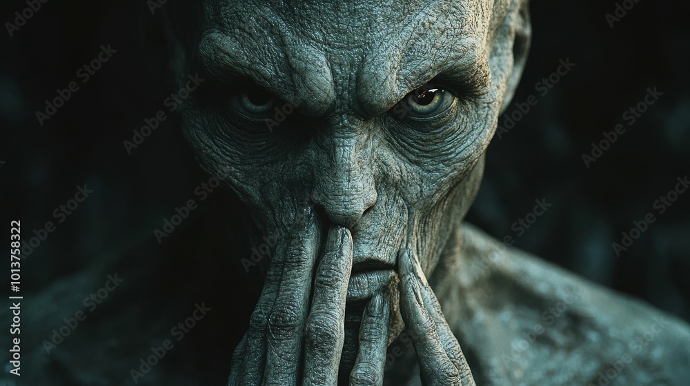 A man with a creepy face is shown with his hands covering his face A man with a creepy face is shown with his hands covering his face