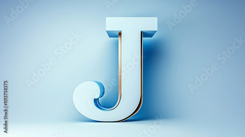 A 3D rendering of the letter J in a light blue color with a gold outline, set against a light blue background.