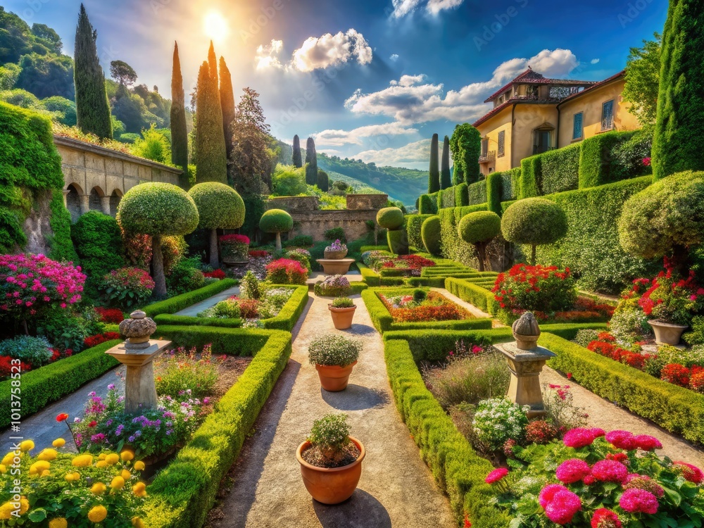 Lush greenery and vibrant flowers adorn an elegant Italian garden, where charming pathways meander through the sunlight, inviting relaxation and exploration in a serene setting.