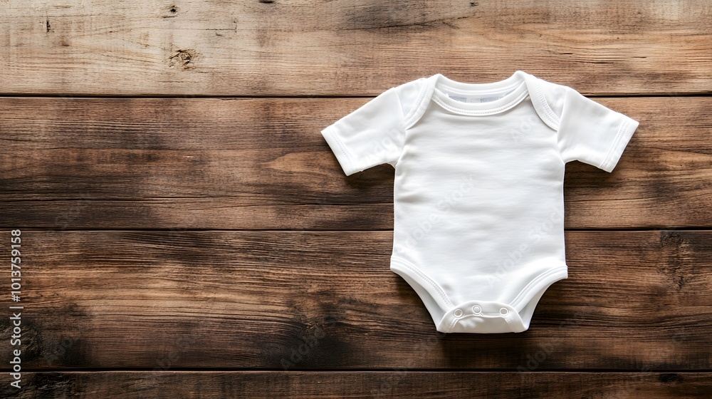 Flat lay mockup featuring a white baby bodysuit on a wooden background, perfect for baby clothes design templates Flat lay mockup featuring a white baby bodysuit on a wooden background, perfect for baby clothes design templates