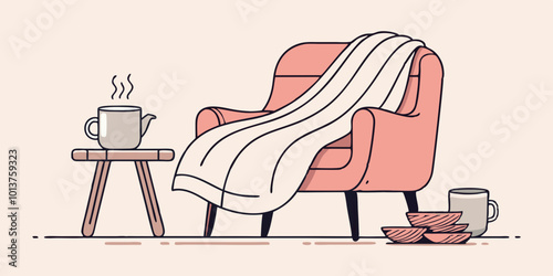 A minimalist line art design of a cozy blanket draped over a chair with a cup of hot chocolate nearby.


