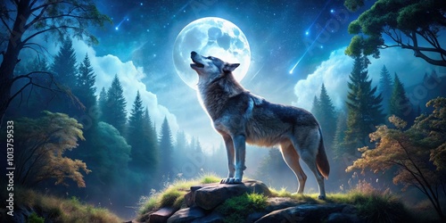 Majestic Howling Wolf in a Moonlit Forest Surrounded by Nature's Beauty and Tranquility at Night