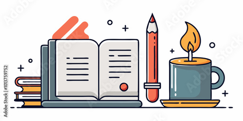 A minimalist line art design of a candle flickering beside an open journal and pen.

