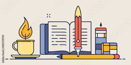 A minimalist line art design of a candle flickering beside an open journal and pen.

