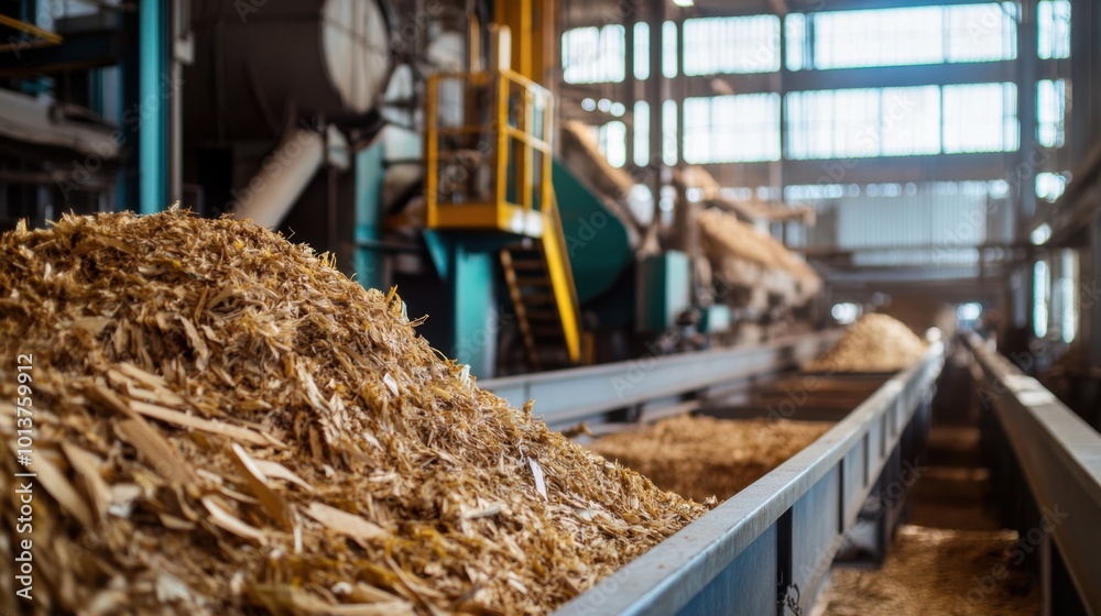 Fototapeta premium Biomass facility converting biodegradable waste into energy, highlighting sustainable processes and eco-friendly machinery in a clean, organized environment.