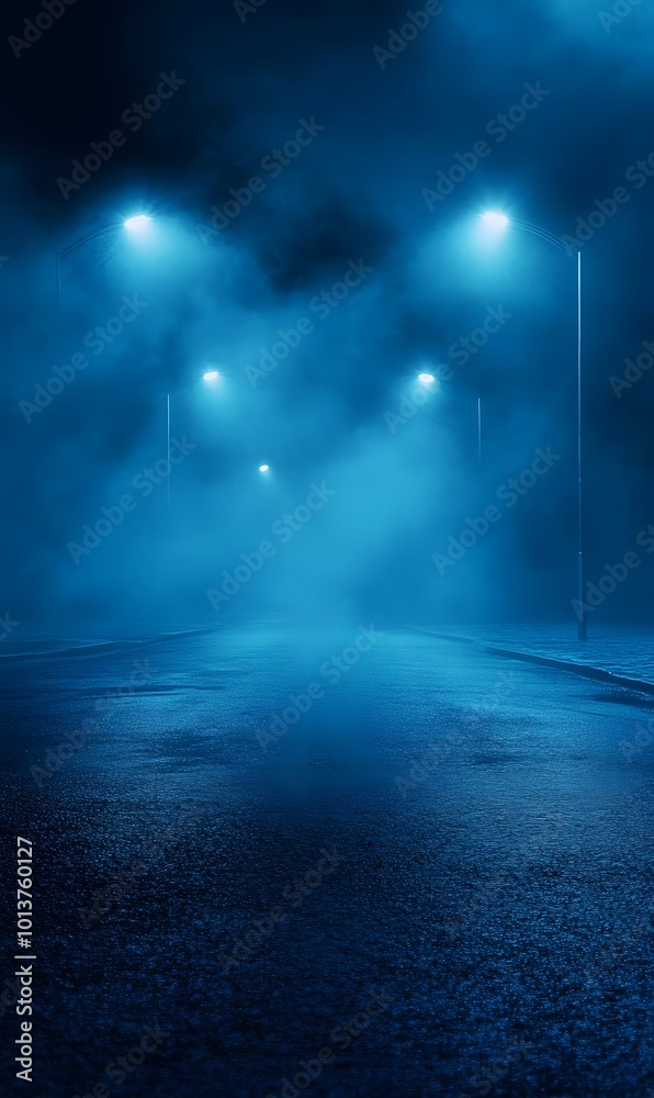 10. An abstract dark blue background depicting an empty street, where neon lights and spotlights create a striking contrast against the asphalt, with smoke rising from the ground for a mysterious 10. An abstract dark blue background depicting an empty street, where neon lights and spotlights create a striking contrast against the asphalt, with smoke rising from the ground for a mysterious