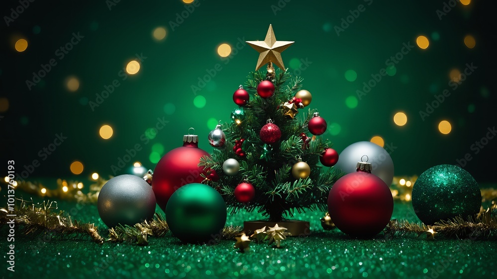 A Christmas tree on a green background, some glitter, a few baubles on the ground, a star on top A Christmas tree on a green background, some glitter, a few baubles on the ground, a star on top