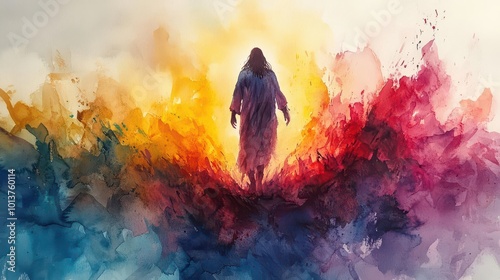 artistic watercolor painting of jesuss resurrection capturing the moment of hope and renewal with gentle strokes and radiant colors that evoke a sense of peace and divine presence photo