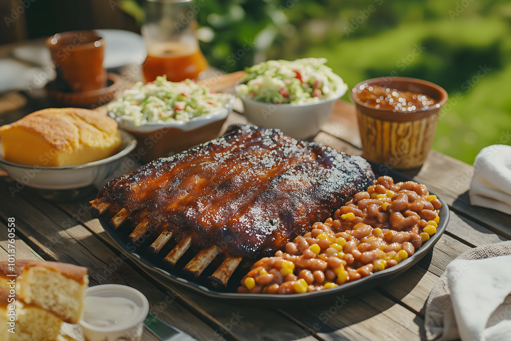 A mouthwatering BBQ platter featuring ribs, coleslaw, baked beans, and cornbread, presented on a picnic table in a sunny backyard A mouthwatering BBQ platter featuring ribs, coleslaw, baked beans, and cornbread, presented on a picnic table in a sunny backyard
