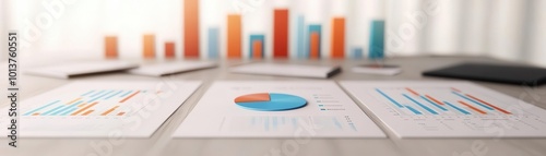 Business analysis with graphs, charts, and data reports on a table, showcasing financial trends and performance insights.