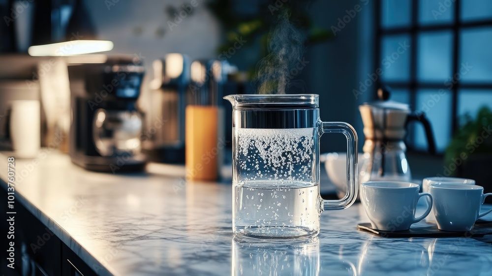 A modern glass kettle with boiling water and visible bubbles inside, placed on a marble kitchen counter with coffee cups and a French press nearby. A modern glass kettle with boiling water and visible bubbles inside, placed on a marble kitchen counter with coffee cups and a French press nearby.