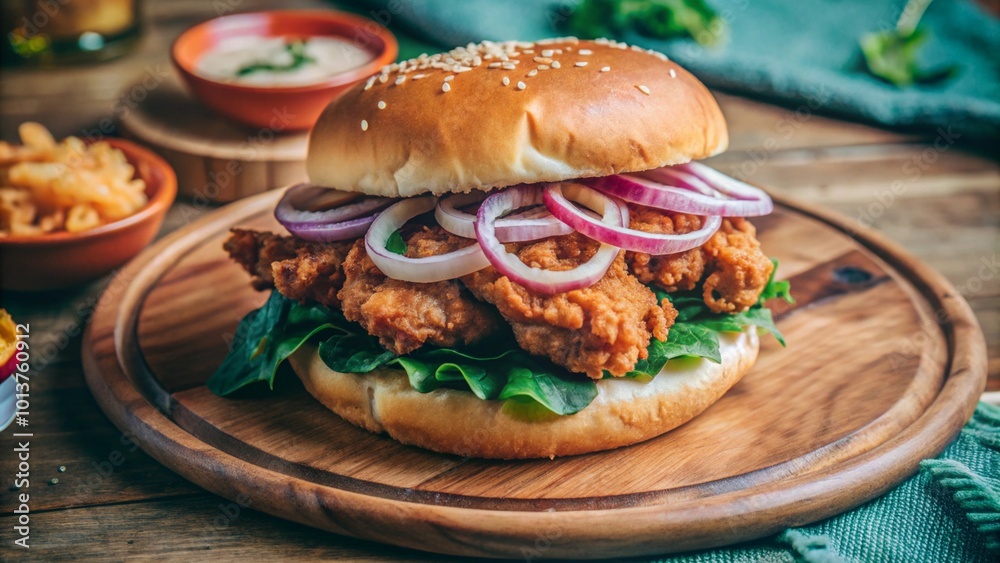 A crispy fried chicken sandwich on a sesame seed bun with lettuce, red onion, and a side of coleslaw. A crispy fried chicken sandwich on a sesame seed bun with lettuce, red onion, and a side of coleslaw.