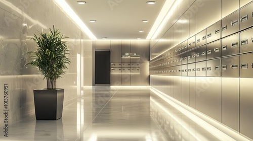 A modern mailroom in a condominium with rows of metallic mailboxes. Bright, ambient lighting and a clean design with polished floors and sleek surfaces.