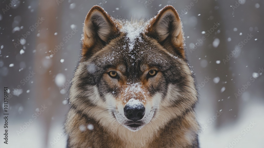 Close-up of a Eurasian wolf in a snowy forest, its piercing eyes focused ahead as snow gently falls around its thick fur. A calm yet intense moment captured. Close-up of a Eurasian wolf in a snowy forest, its piercing eyes focused ahead as snow gently falls around its thick fur. A calm yet intense moment captured.