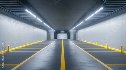 Empty underground parking exit with bright fluorescent lights  yellow lane markers  and an open gate showing daylight beyond. A smooth path leading outside.