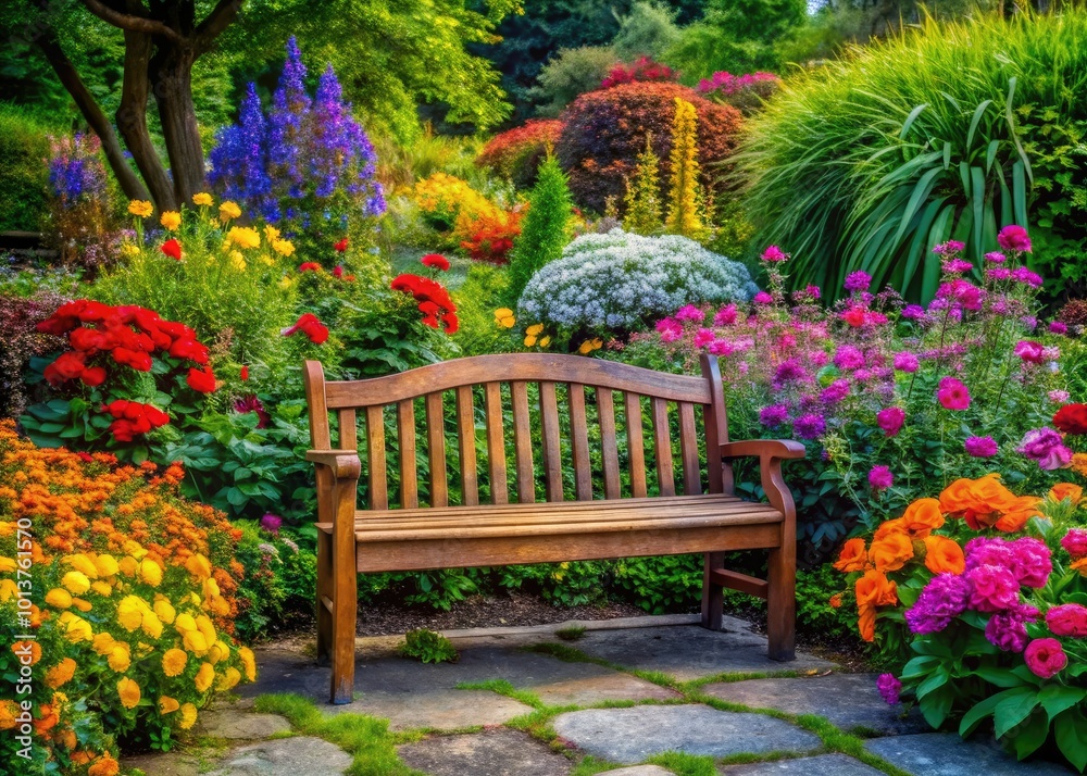 Peaceful Garden Bench Surrounded by Lush Greenery and Colorful Flowers for Relaxation and Reflection Peaceful Garden Bench Surrounded by Lush Greenery and Colorful Flowers for Relaxation and Reflection