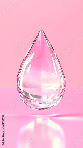 A clear, glass-like droplet suspended against a soft pink background, creating a minimalist and serene aesthetic.