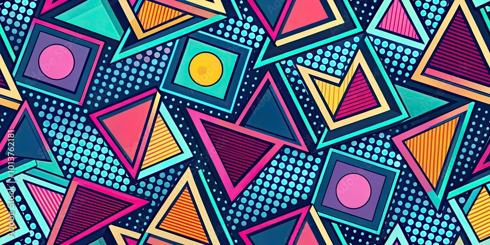 Retro 80s Geometric Shape Pattern in Vibrant Colors for Vintage Style Designs and Backgrounds Retro 80s Geometric Shape Pattern in Vibrant Colors for Vintage Style Designs and Backgrounds