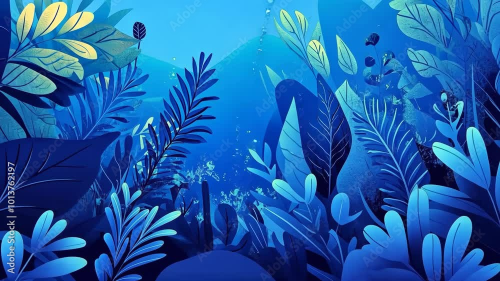 A digital illustration of a blue and green forest, with leaves of various shapes and sizes A digital illustration of a blue and green forest, with leaves of various shapes and sizes