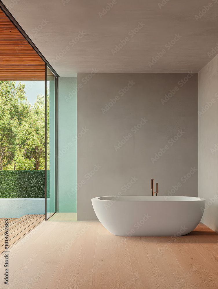 Modern bathroom with a freestanding tub and large glass doors overlooking a lush garden Modern bathroom with a freestanding tub and large glass doors overlooking a lush garden