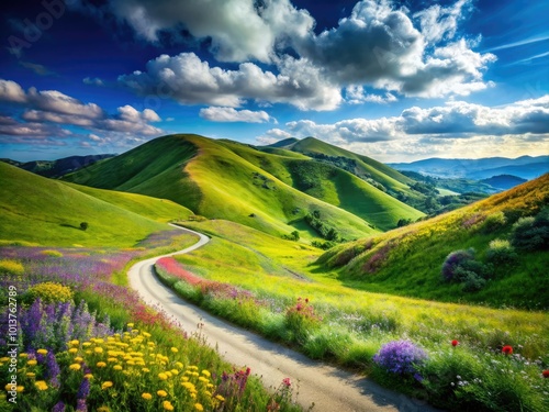 Scenic view of a winding road through lush green hills and vibrant wildflowers under a blue sky