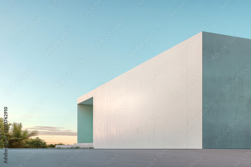Modern architectural structure at sunset with a minimalist design and surrounding greenery Modern architectural structure at sunset with a minimalist design and surrounding greenery