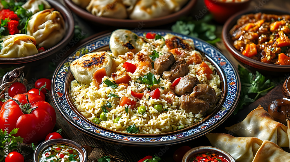 Uzbek and Central Asia cuisine concept. Assorted Uzbek food pilaf samsa lagman manti shurpa Uzbek restaurant concept Uzbek food. Food recipe background. Uzbek and Central Asia cuisine concept. Assorted Uzbek food pilaf samsa lagman manti shurpa Uzbek restaurant concept Uzbek food. Food recipe background.