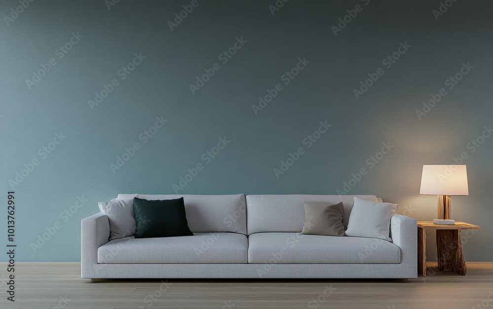 Modern living room setup with a neutral sofa and a standing lamp on a wooden side table Modern living room setup with a neutral sofa and a standing lamp on a wooden side table