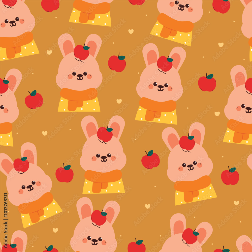 Obraz premium seamless pattern cartoon bunny with apple. cute animal with autumn vibes wallpaper for textile, gift wrap paper