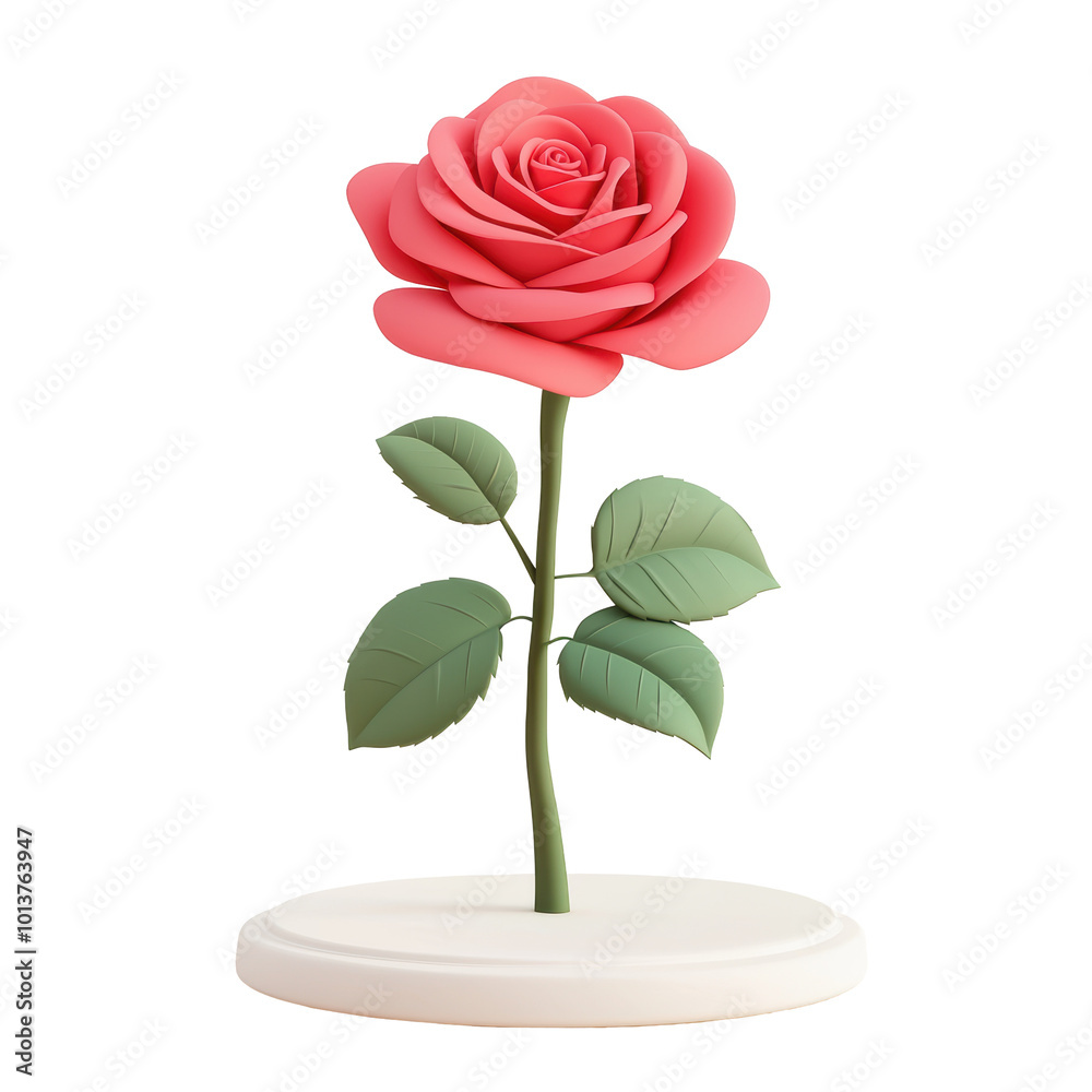 Fototapeta premium 3D single red rose on stand illustration with detailed green leaves. Ideal for romantic or decorative design projects, symbolizing love, passion, and elegance. Isolated on transparent background, png.