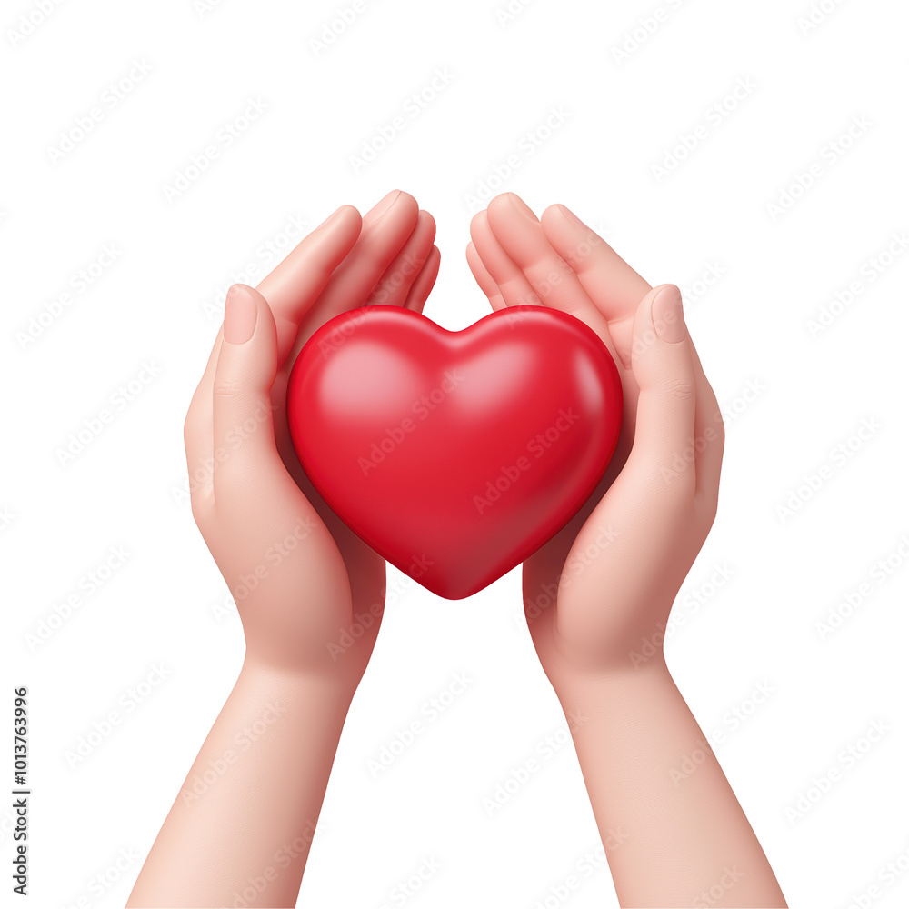 Fototapeta premium 3D hands holding a red heart illustration, symbolizing care, love, and compassion. Perfect for love, charity, or emotional-themed design projects. Isolated on transparent background, png.