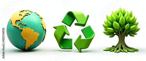 set of 3D Earth Day eco concept symbols with globe, recycling symbol, and tree on white background photo