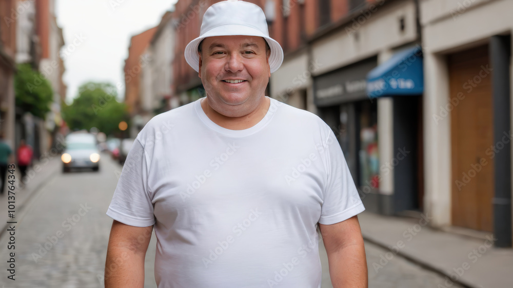 Plus size man wearing white t-shirt and white bucket hat standing on the street