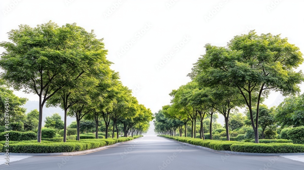A paved road lined with trees stretches into the distance, creating a sense of perspective and tranquility. A paved road lined with trees stretches into the distance, creating a sense of perspective and tranquility.