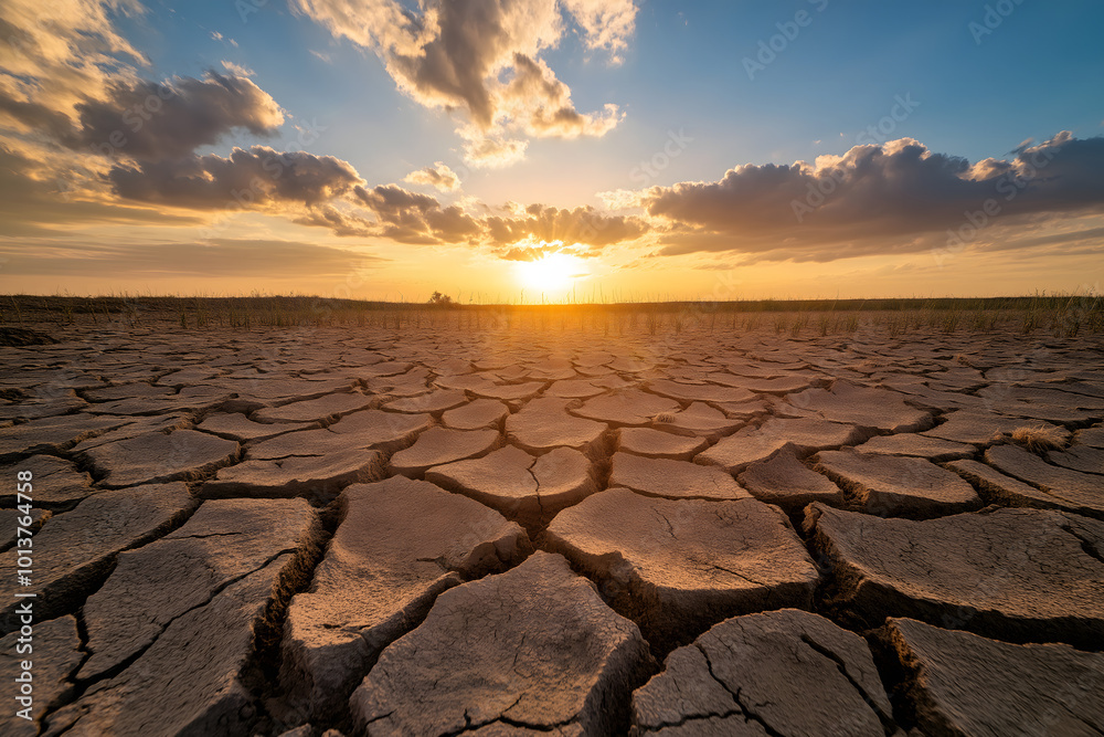 Cracked, parched earth under a relentless sun, withered crops and dried-up riverbeds stretching as far as the eye can see, reflecting the severity of water scarcity