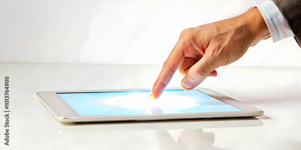 Macro Close-Up of Hand Swiping on Glowing Tablet Screen for Cyber Monday Deals - Digital Shopping Concept Macro Close-Up of Hand Swiping on Glowing Tablet Screen for Cyber Monday Deals - Digital Shopping Concept