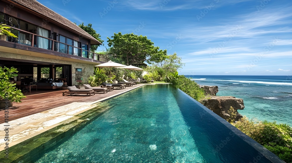 Fototapeta premium Stunning infinity pool overlooking the ocean, surrounded by a luxurious tropical villa with lush greenery and modern amenities.