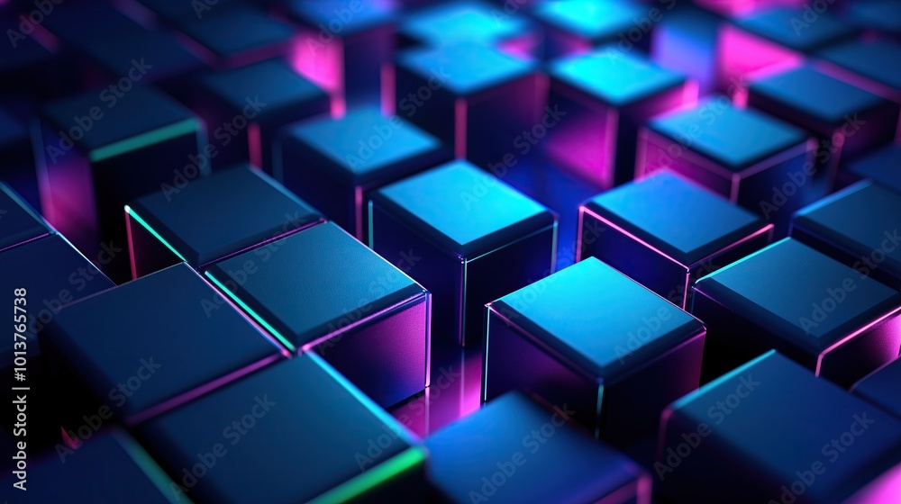Abstract neon futuristic digital wallpaper with neon cubes pattern. depicting: future technology, cloud storage, cyberspace and cybersecurity concepts Abstract neon futuristic digital wallpaper with neon cubes pattern. depicting: future technology, cloud storage, cyberspace and cybersecurity concepts