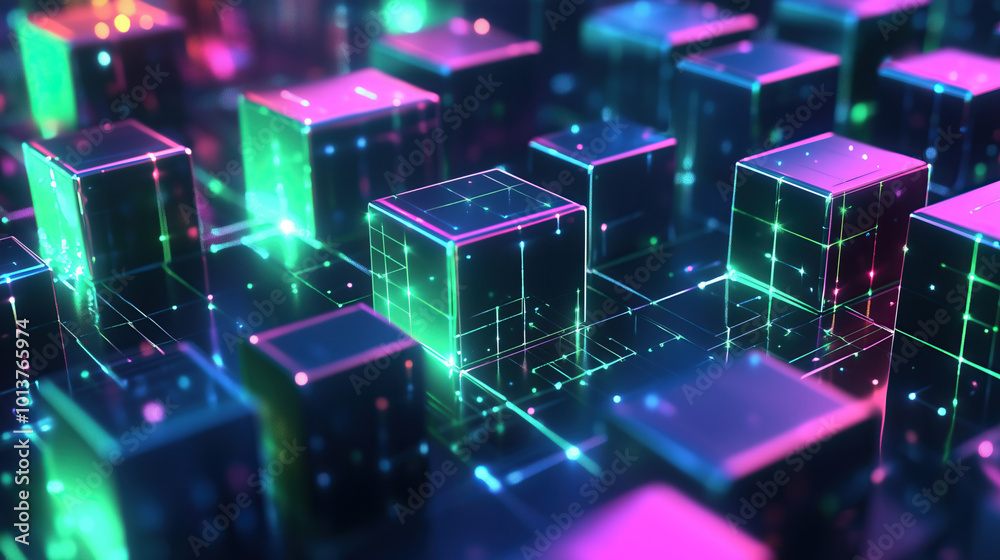Abstract neon futuristic digital wallpaper with neon cubes pattern. depicting: future technology, cloud storage, cyberspace and cybersecurity concepts Abstract neon futuristic digital wallpaper with neon cubes pattern. depicting: future technology, cloud storage, cyberspace and cybersecurity concepts