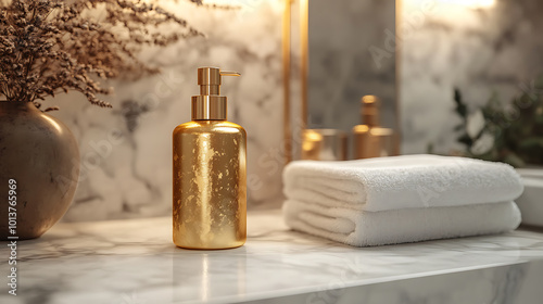 Gold bottle of soap sits on a marble counter with a stack of white towels and a vase with dry flowers.