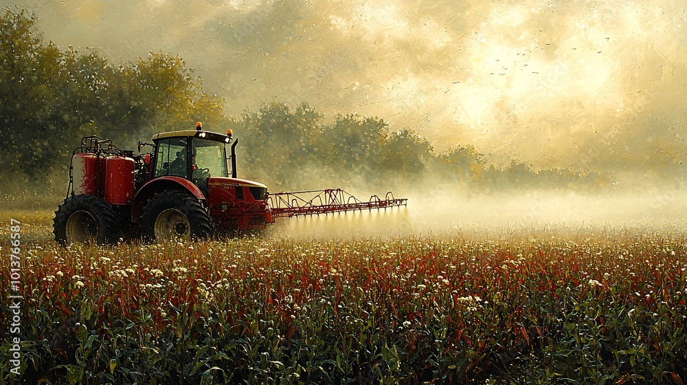 Tractor Spraying Pesticide in Spring Farm Scene Tractor Spraying Pesticide in Spring Farm Scene
