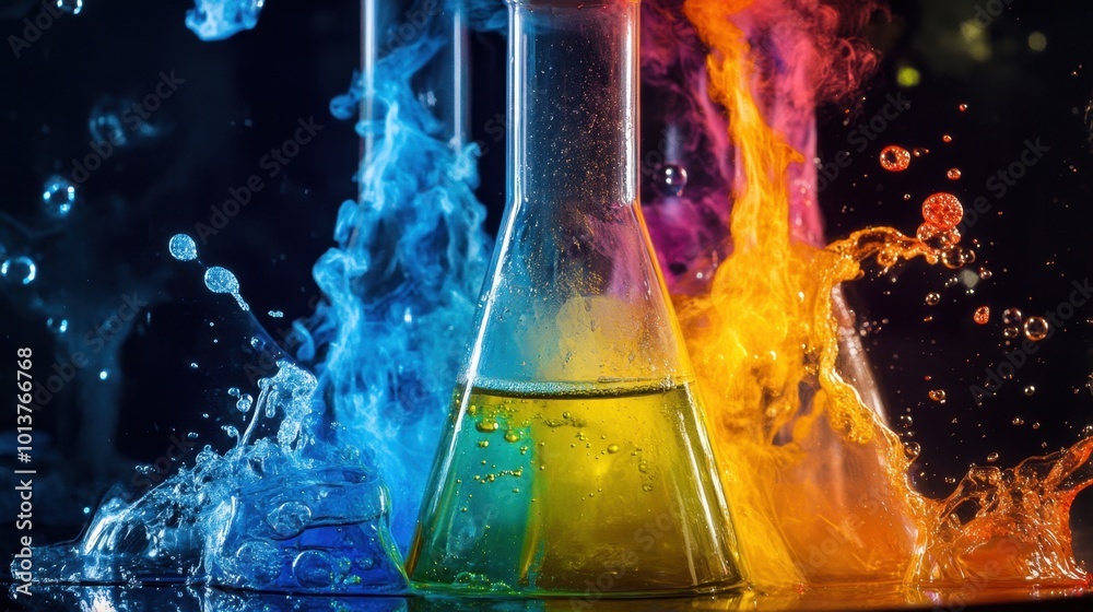 Brightly colored liquids and gases swirl in a beaker, showcasing an active chemical reaction, highlighting science and experimentation Brightly colored liquids and gases swirl in a beaker, showcasing an active chemical reaction, highlighting science and experimentation