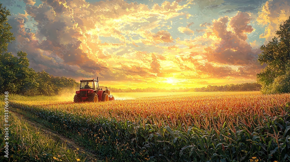 Fototapeta premium Morning Tractor in Spring Cornfield at Sunrise