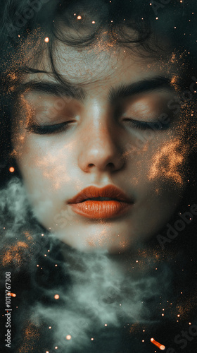 Artistic portrait of a woman with closed eyes surrounded by cosmic elements and smoke