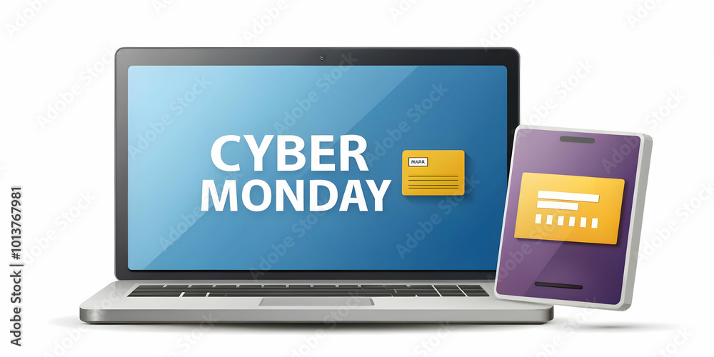 Flat Vector Illustration of Minimalistic Laptop and Credit Card on Plain Background with Cyber Monday Banner for Online Shopping Flat Vector Illustration of Minimalistic Laptop and Credit Card on Plain Background with Cyber Monday Banner for Online Shopping