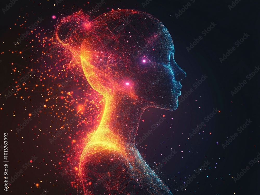 Human figure, woman silhouette, energy that releases from the body, power. Integration of artificial intelligence and human beings, exploitation of potential. Ai generative
Human figure, woman silhouette, energy that releases from the body, power. Integration of artificial intelligence and human beings, exploitation of potential. Ai generative