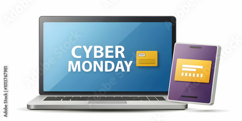 Flat Vector Illustration of Minimalistic Laptop and Credit Card on Plain Background with Cyber Monday Banner for Online Shopping