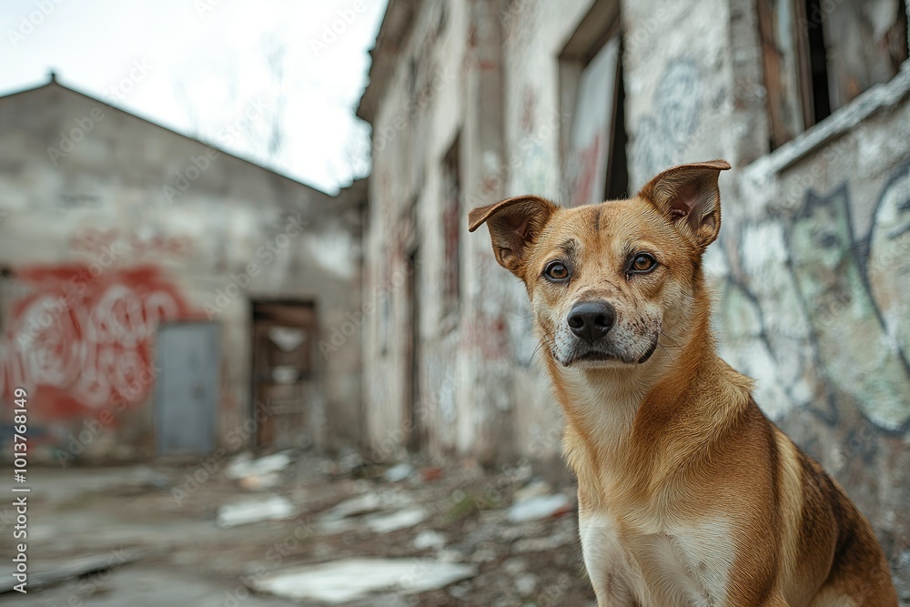A starving stray dog standing in front of a worn-down building, with graffiti and broken windows adding to the sense of abandonment A starving stray dog standing in front of a worn-down building, with graffiti and broken windows adding to the sense of abandonment