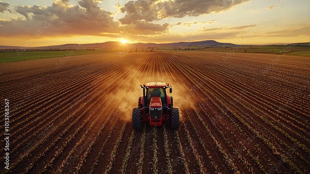 Obraz premium Tractor Driving Through Expansive Spring Field